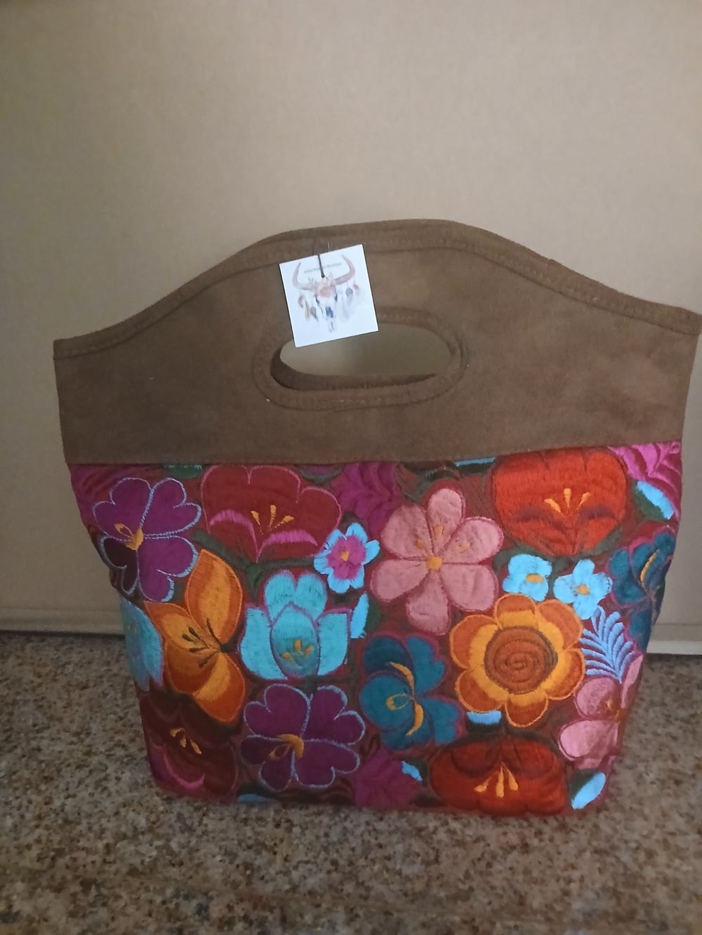 Floral Embroidered Tote Bag - Brown & Multicolor